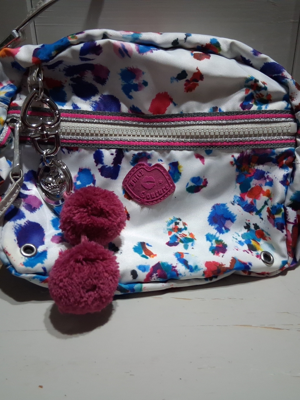 Juicy Couture Nylon Crossbody Bag Colorful Paint Splatter Print Pom Pom Charm